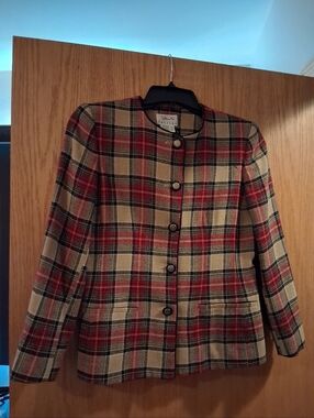 talbots petites blazer, red/brown plaid, 92% Worsted wool/laine, s  4P, 5 button